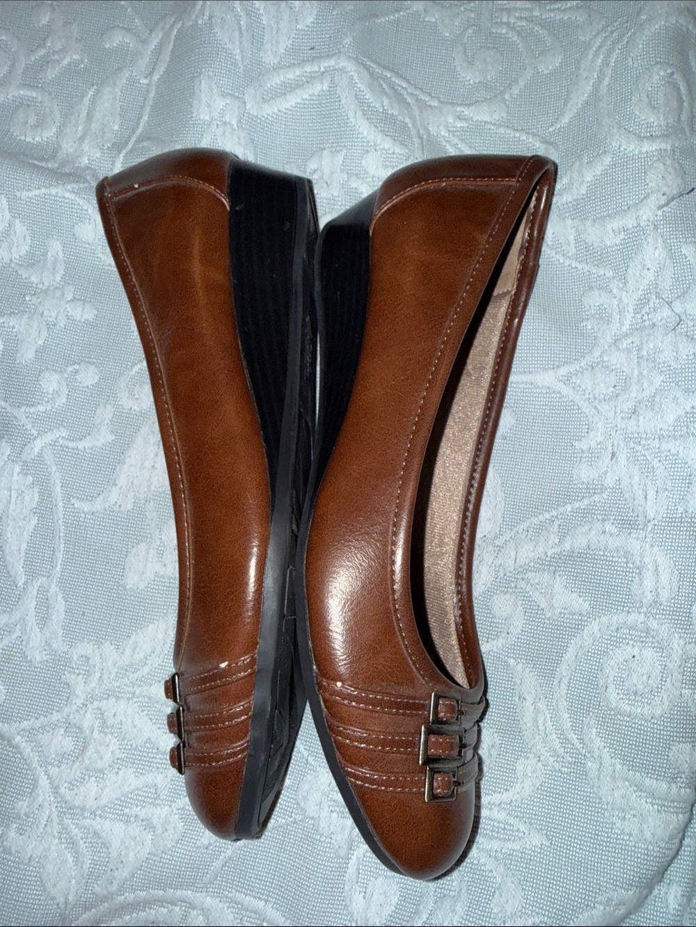 80s Vintage Life Stride Brown Leather Slip-On Ballet Flats with Buckle Detail - Picture 7 of 9